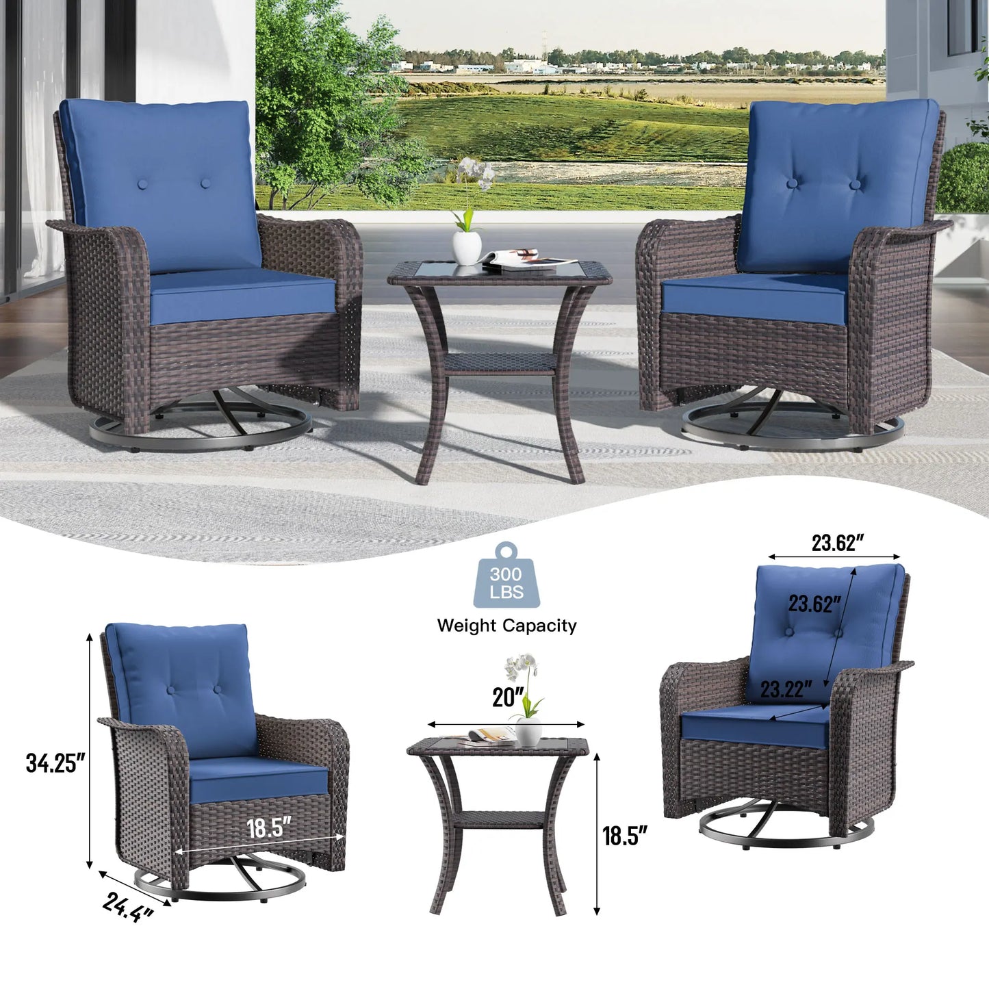 3-Piece Patio Furniture Set with Swivel Rocking Chairs & Table – Outdoor Rattan Porch Lounge Set
