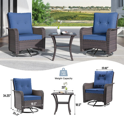 3-Piece Patio Furniture Set with Swivel Rocking Chairs & Table – Outdoor Rattan Porch Lounge Set