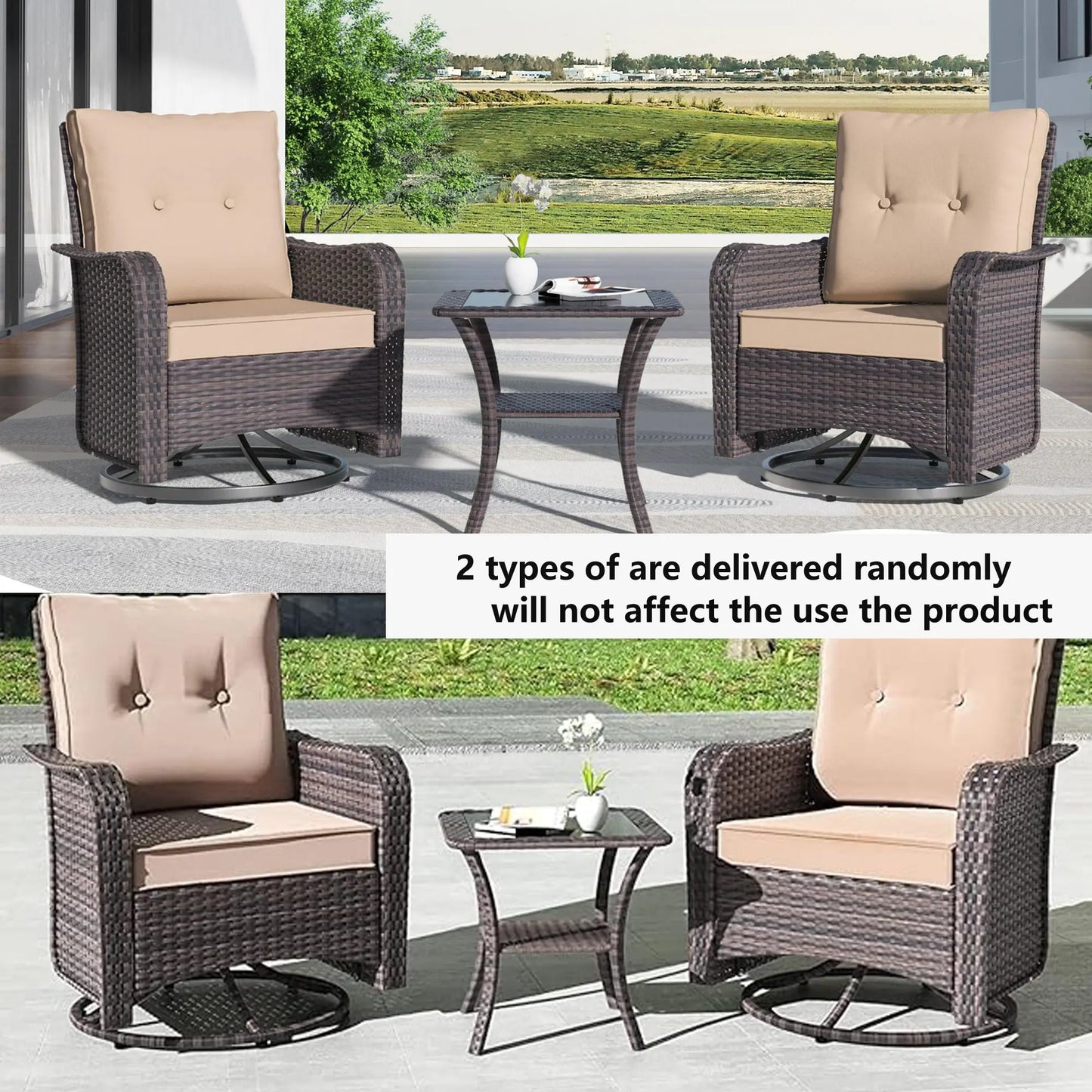 3-Piece Patio Furniture Set with Swivel Rocking Chairs & Table – Outdoor Rattan Porch Lounge Set