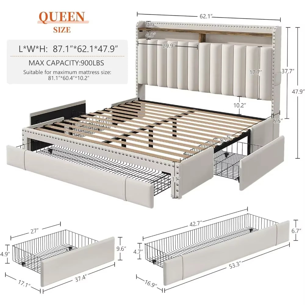 Full/Queen Bed Frame with 3 Drawers, Upholstered , with Headboard, with Storage, Easy Assembly, Full/Queen Bed Frame