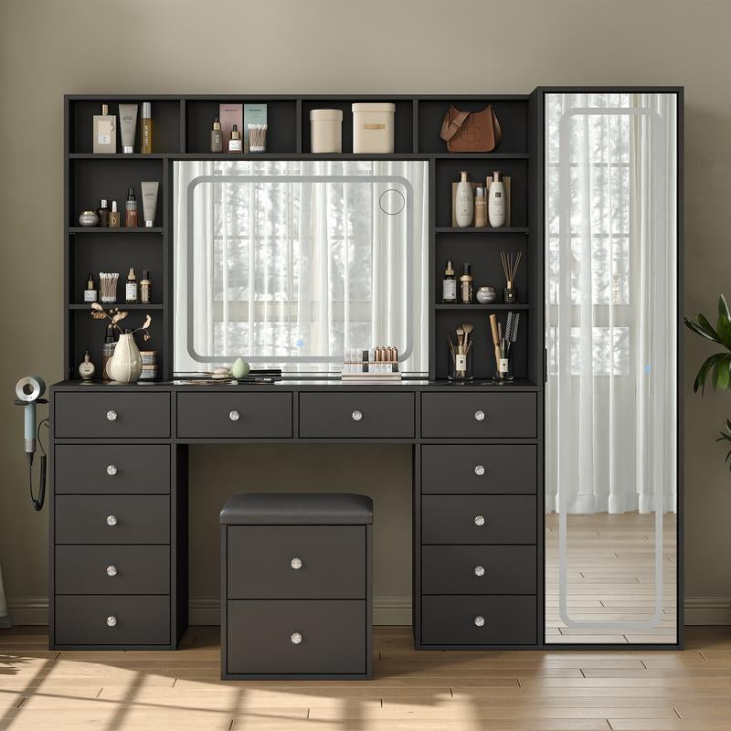 FUSOU 2-In-1 Vanity Desk with Full Length Mirror & LED Lighted Mirror, Makeup Vanity with Power Outlet, 14 Drawers, 10 Shelves, White