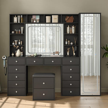 FUSOU 2-In-1 Vanity Desk with Full Length Mirror & LED Lighted Mirror, Makeup Vanity with Power Outlet, 14 Drawers, 10 Shelves, White