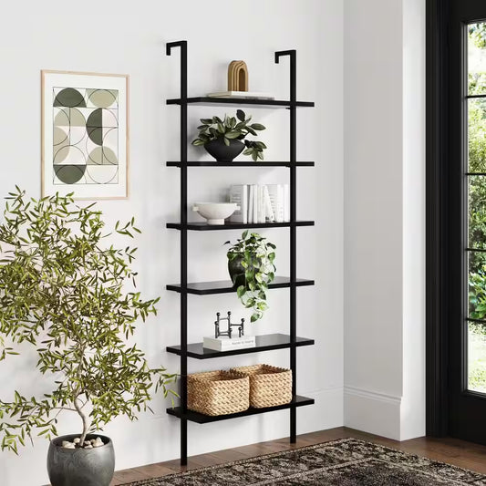 Theo 85-Inch Tall Bookcase with 6 Shelves, Wall-Mounted Wooden Shelves and Metal Frame, Matte Black Finish