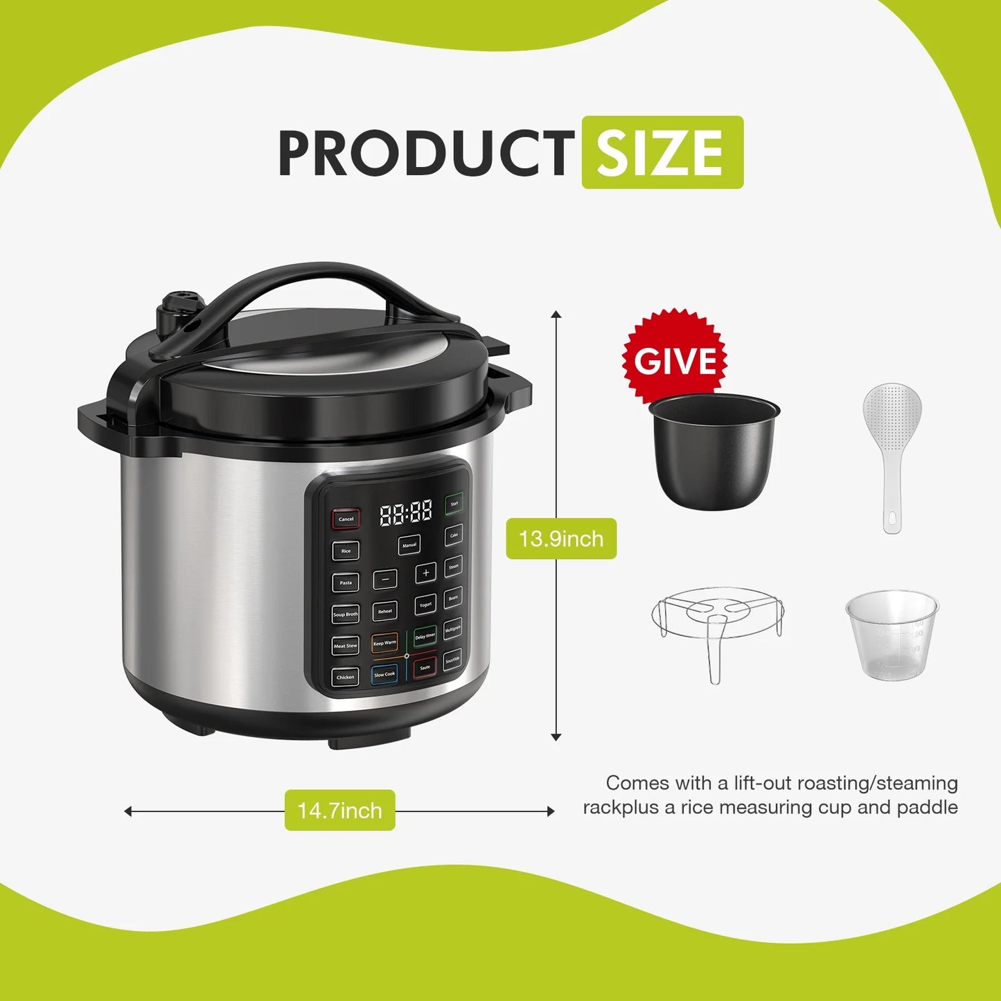 8 Quart Electric Pressure Cooker, Multi-Function Instant Multi Cooker, Stainless Steel