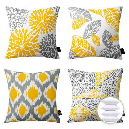 Outdoor Waterproof New Living Series Throw Pillow, Decorative Pillows for Patio Garden, Yellow and Gray 18 X 18 Inches, Set of 4