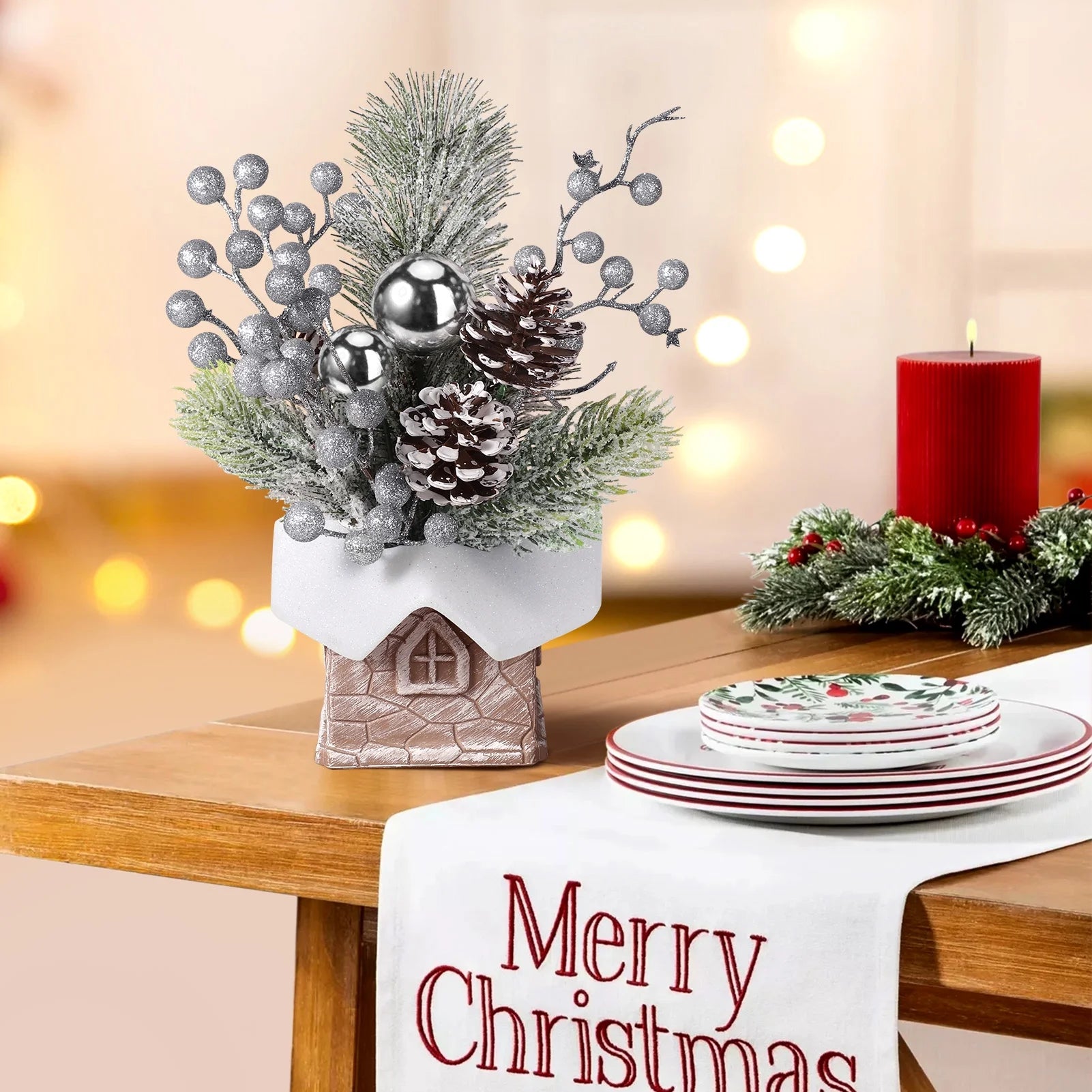 Small Christmas Tree, Artificial Mini Tabletop Christmas Decorations with Christmas Ornaments, for Home Party Thankgivings Christmas Decor Indoor, Silver