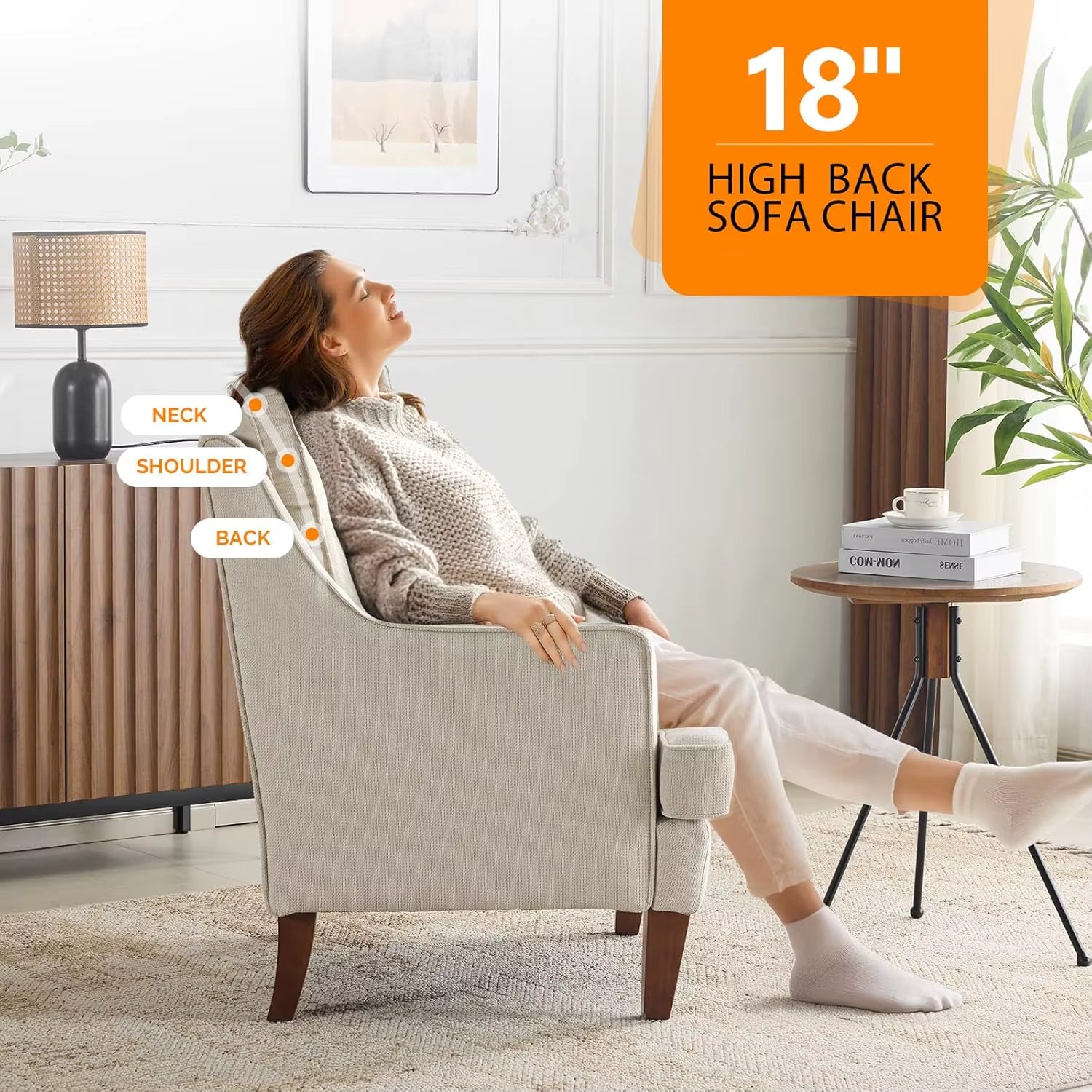 Mid-Century Modern Accent Chairs Set of 2, Beige Upholstered Armchair Comfy Sofa Chairs Reading Chair High Back for Living Room