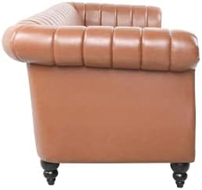 Chesterfield 3-Seater Sofa in PU Leather with Rolled Arms and Studded Accents, Featuring Rotating Solid Wood Legs - Bronze Finish