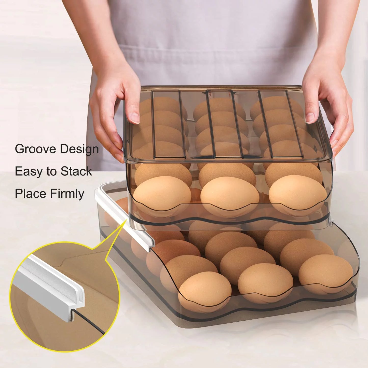 Large Capacity Auto Rolling Egg Holder for Refrigerator, Egg Fresh Storage Box for Fridge, Egg Storage Container Organizer Bin, Crystal Gray Plastic Storage Container (1 Layer)