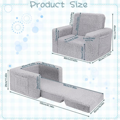 Kids Chairs for Toddler, 2-In-1 Toddler Soft Sherpa Couch Fold Out, Convertible Sofa to Lounger for Girls and Boys, Gift for Toddler Kids Children, Best Birthday Gifts for Kids, Grey