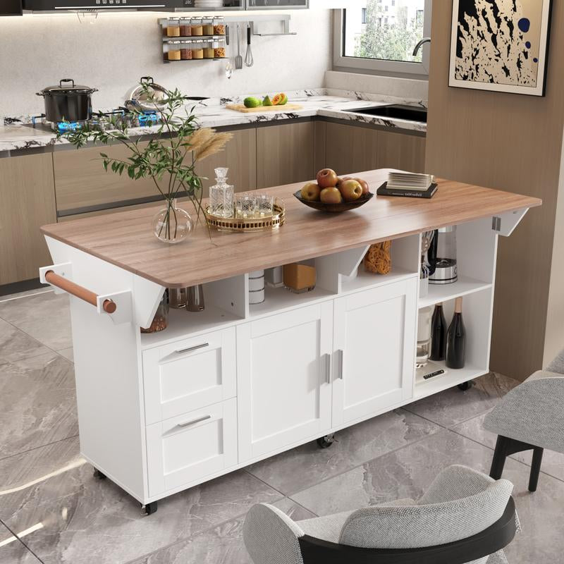MIDHAM Kitchen Island 54" Large Rolling Kitchen Island Cart on Wheels with Drop Leaf Breakfast Bar Spice Towel Rack Mobile Island Table for Kitchen with Storage, Moveable Cabinet Drawer