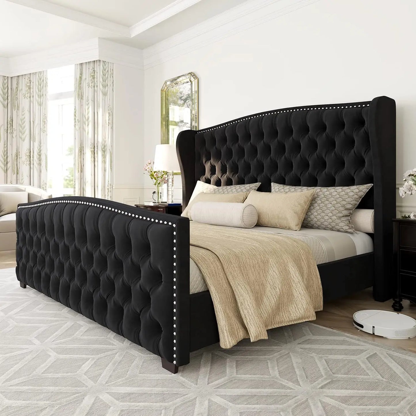 Bed Frame, Velvet Upholstered Bed with Deep Button Tufted & Nailhead Trim Wingback Headboard/No Box Spring Needed, Bed Frame