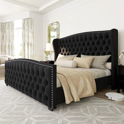 Bed Frame, Velvet Upholstered Bed with Deep Button Tufted & Nailhead Trim Wingback Headboard/No Box Spring Needed, Bed Frame