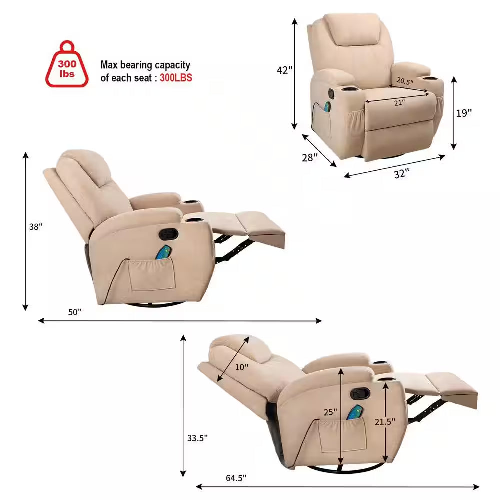 Ultimate Comfort: Big & Tall Beige Linen Recliner Chair with Swivel, Rocking and Power Massage Function