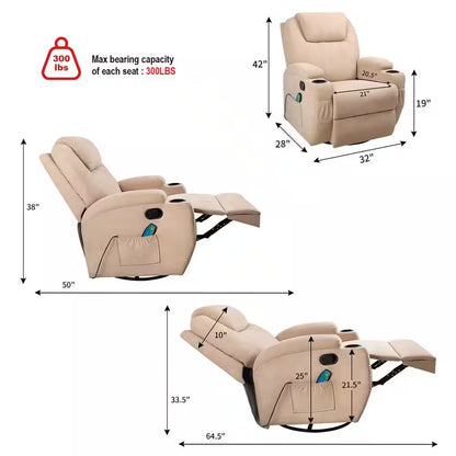 Ultimate Comfort: Big & Tall Beige Linen Recliner Chair with Swivel, Rocking and Power Massage Function