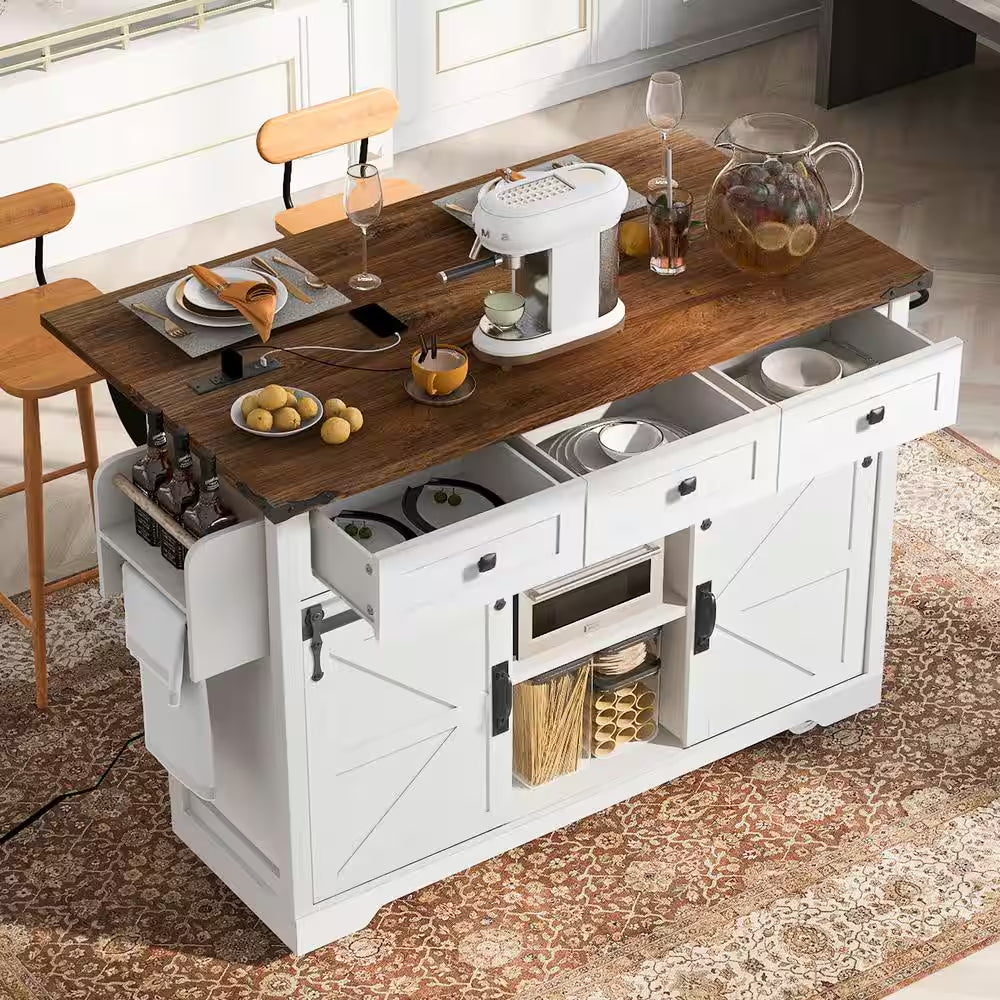 Wood 53.7 In. Kitchen Island with Power Outlet, 2-Sliding Barn Door, Drop Leaf and Wheels, White/Brown