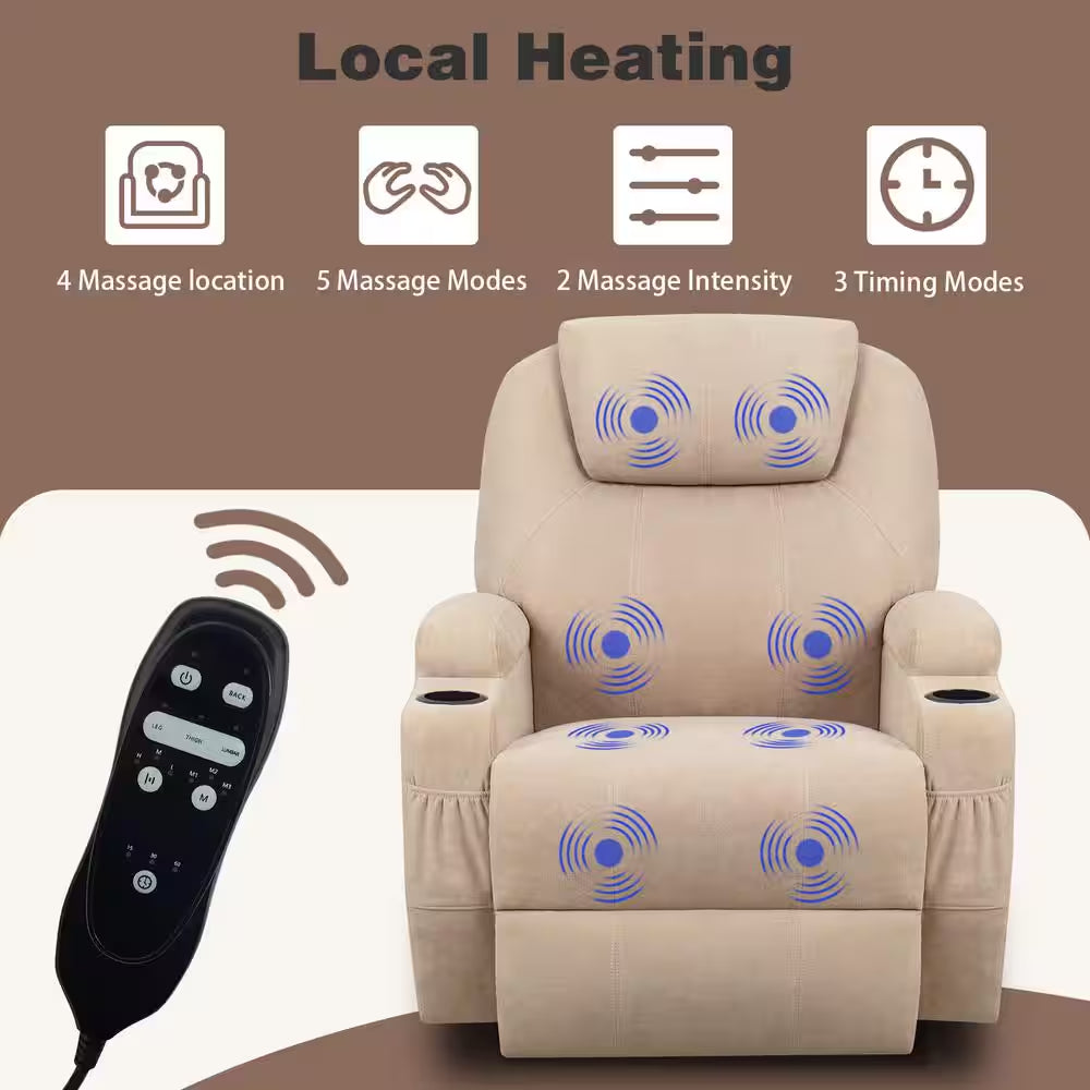 Ultimate Comfort: Big & Tall Beige Linen Recliner Chair with Swivel, Rocking and Power Massage Function
