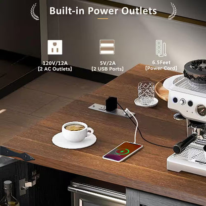 Wood 53.7 In. Kitchen Island with Power Outlet, 2-Sliding Barn Door, Drop Leaf and Wheels, White/Brown