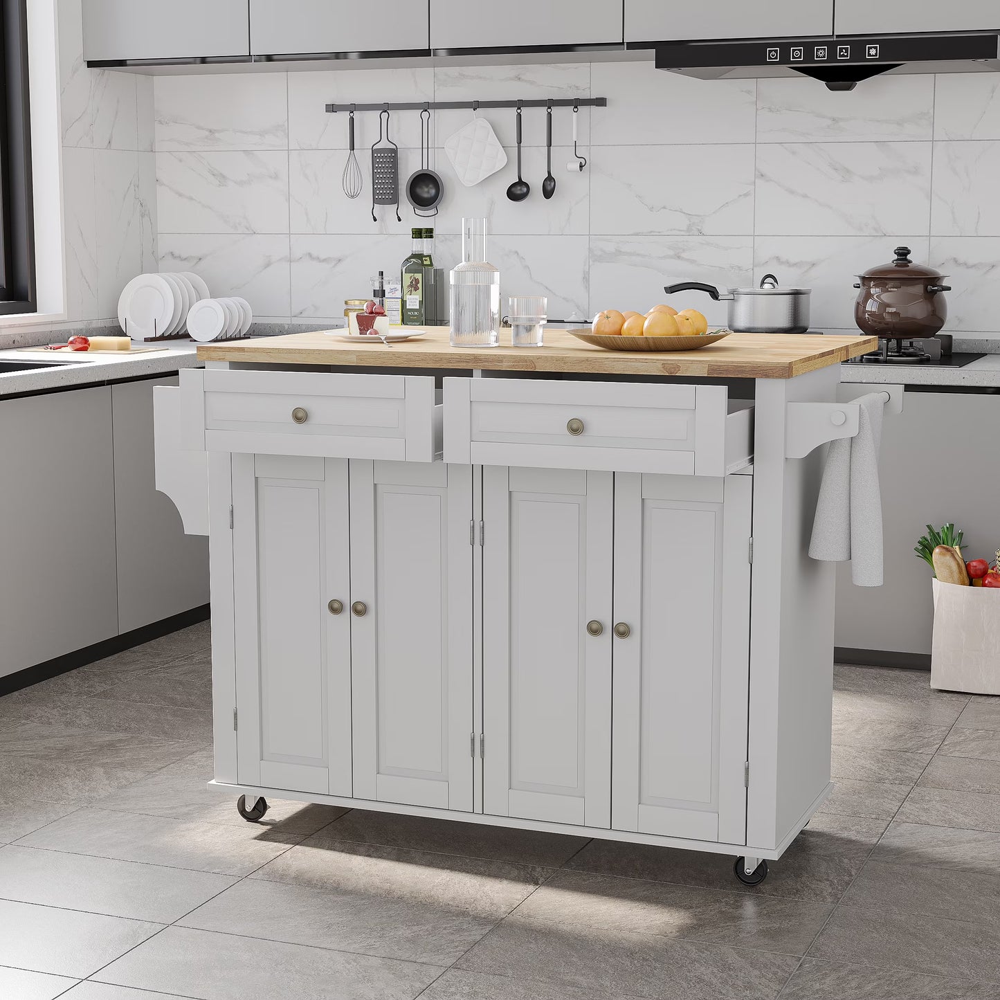 MSTG Tech 51.2” Drop-Leaf Kitchen Island – White MDF Storage Island with Adjustable Shelves, Expanding Countertop & Rolling Mobility