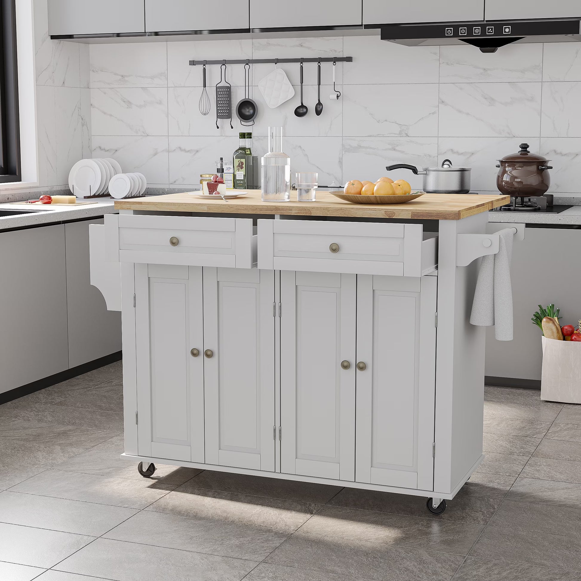 MSTG Tech 51.2” Drop-Leaf Kitchen Island – White MDF Storage Island with Adjustable Shelves, Expanding Countertop & Rolling Mobility