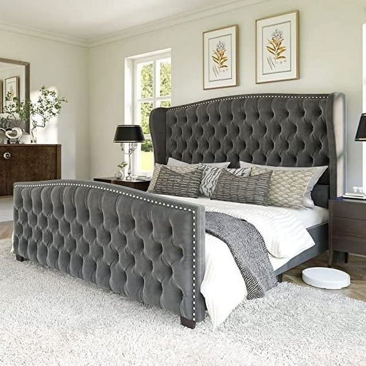 King Size Bed Frame, Velvet Upholstered Bed with Deep Button Tufted Wingback Headboard，Grey
