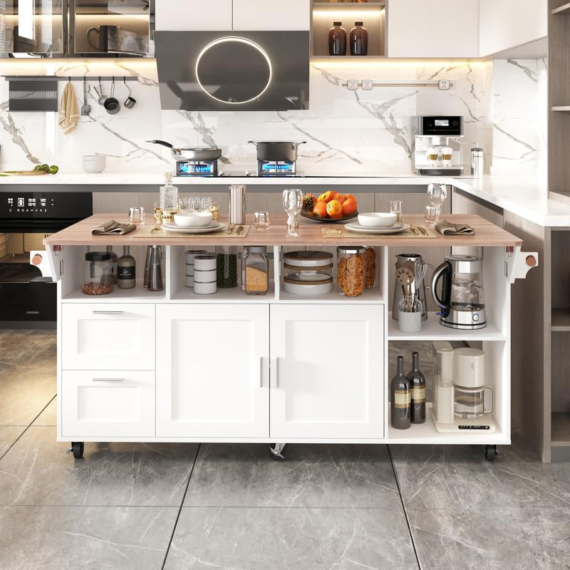 MIDHAM Kitchen Island 54" Large Rolling Kitchen Island Cart on Wheels with Drop Leaf Breakfast Bar Spice Towel Rack Mobile Island Table for Kitchen with Storage, Moveable Cabinet Drawer