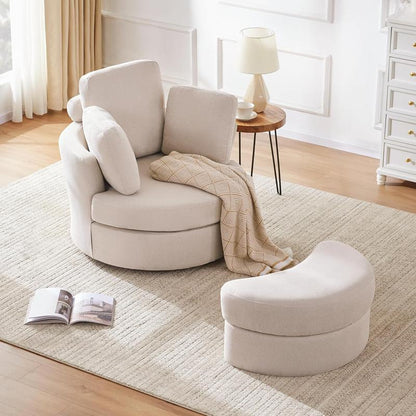 39" Swivel Accent Barrel Chairs with Removable Headrest, Chaise Lounge Indoor with Neck Support Pillow, Swivel Chairs for Living Room, Oversized Chair with Ottoman, Beige