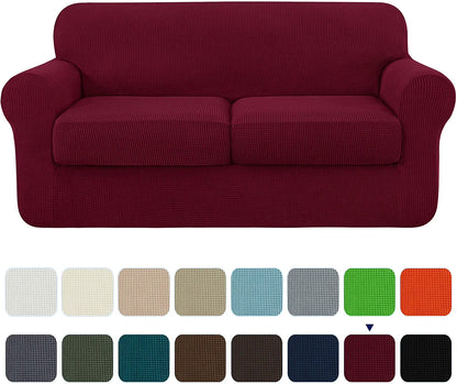 3-Piece High Spandex Textured Grid Sofa Slipcover, Separate Cushion Cover(Wine, Loveseat)