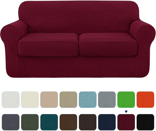 3-Piece High Spandex Textured Grid Sofa Slipcover, Separate Cushion Cover(Wine, Loveseat)