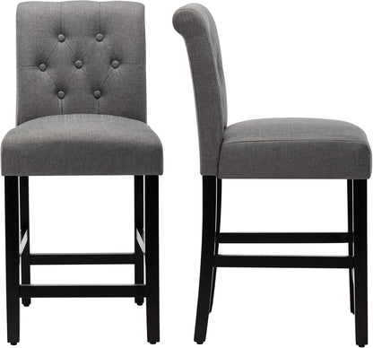 Set of 2 24-Inch Upholstered Counter Height Bar Stools with Button-Tufted Back and Solid Wood Legs in Gray