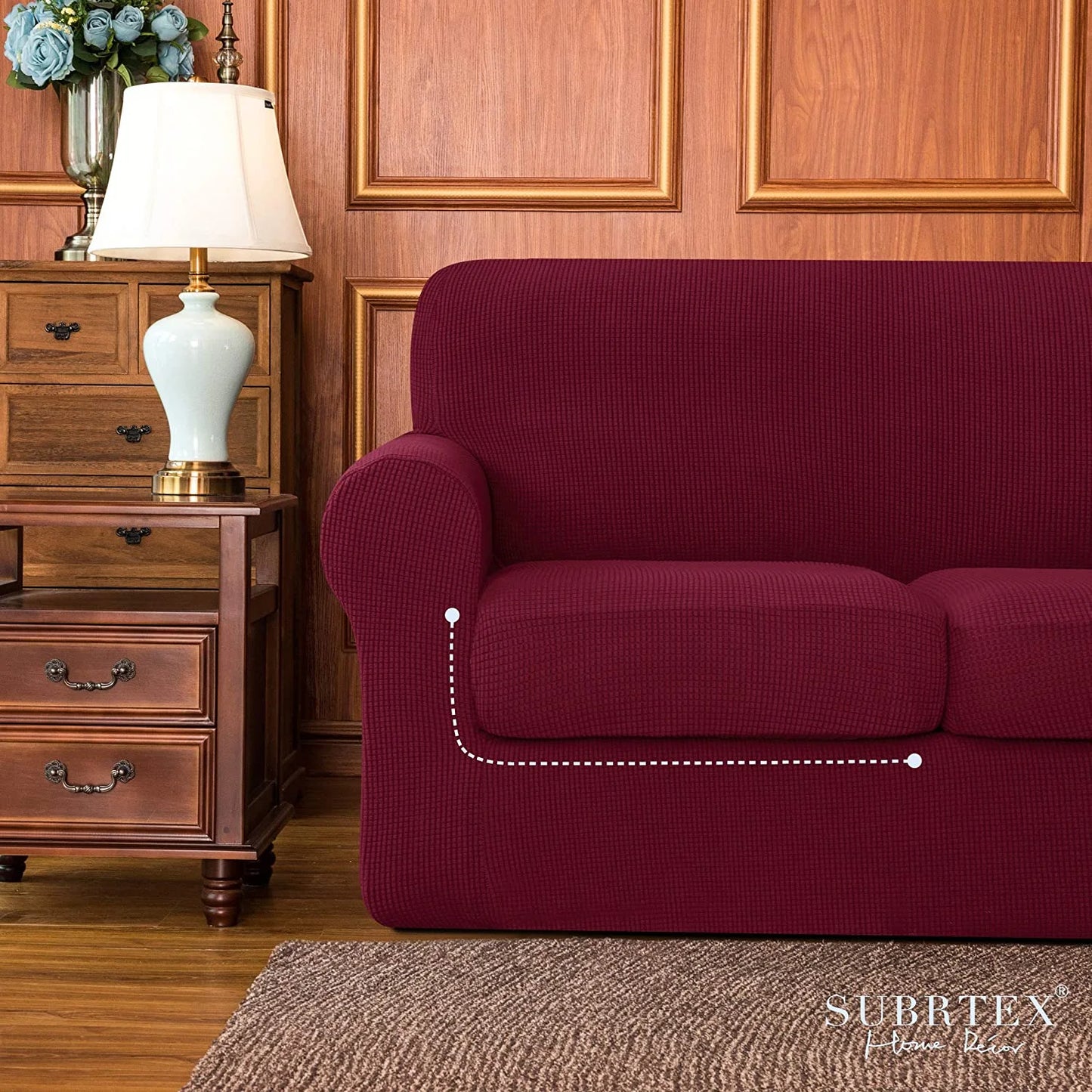 3-Piece High Spandex Textured Grid Sofa Slipcover, Separate Cushion Cover(Wine, Loveseat)