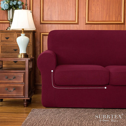 3-Piece High Spandex Textured Grid Sofa Slipcover, Separate Cushion Cover(Wine, Loveseat)