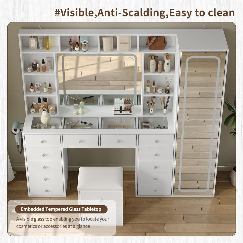 FUSOU 2-In-1 Vanity Desk with Full Length Mirror & LED Lighted Mirror, Makeup Vanity with Power Outlet, 14 Drawers, 10 Shelves, White