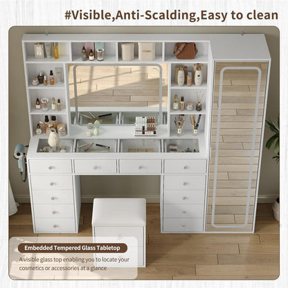 FUSOU 2-In-1 Vanity Desk with Full Length Mirror & LED Lighted Mirror, Makeup Vanity with Power Outlet, 14 Drawers, 10 Shelves, White