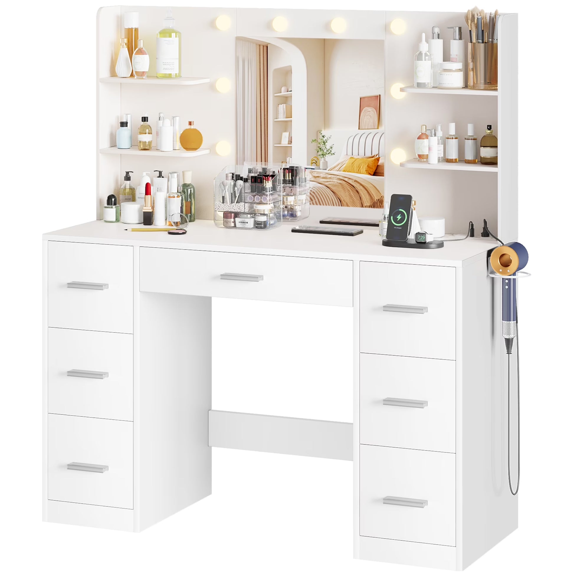Makeup Vanity Table with Lighted Mirror, Power Outlet, 7 Drawers and 6 Storage Shelves, White Bedroom Vanity Desk
