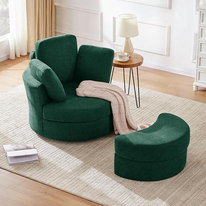 39" Swivel Accent Barrel Chairs with Removable Headrest, Chaise Lounge Indoor with Neck Support Pillow, Swivel Chairs for Living Room, Oversized Chair with Ottoman, Beige