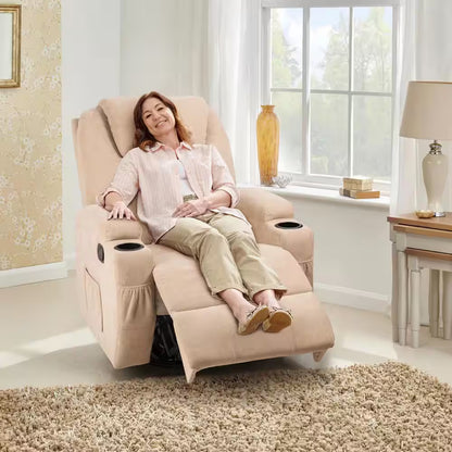 Ultimate Comfort: Big & Tall Beige Linen Recliner Chair with Swivel, Rocking and Power Massage Function