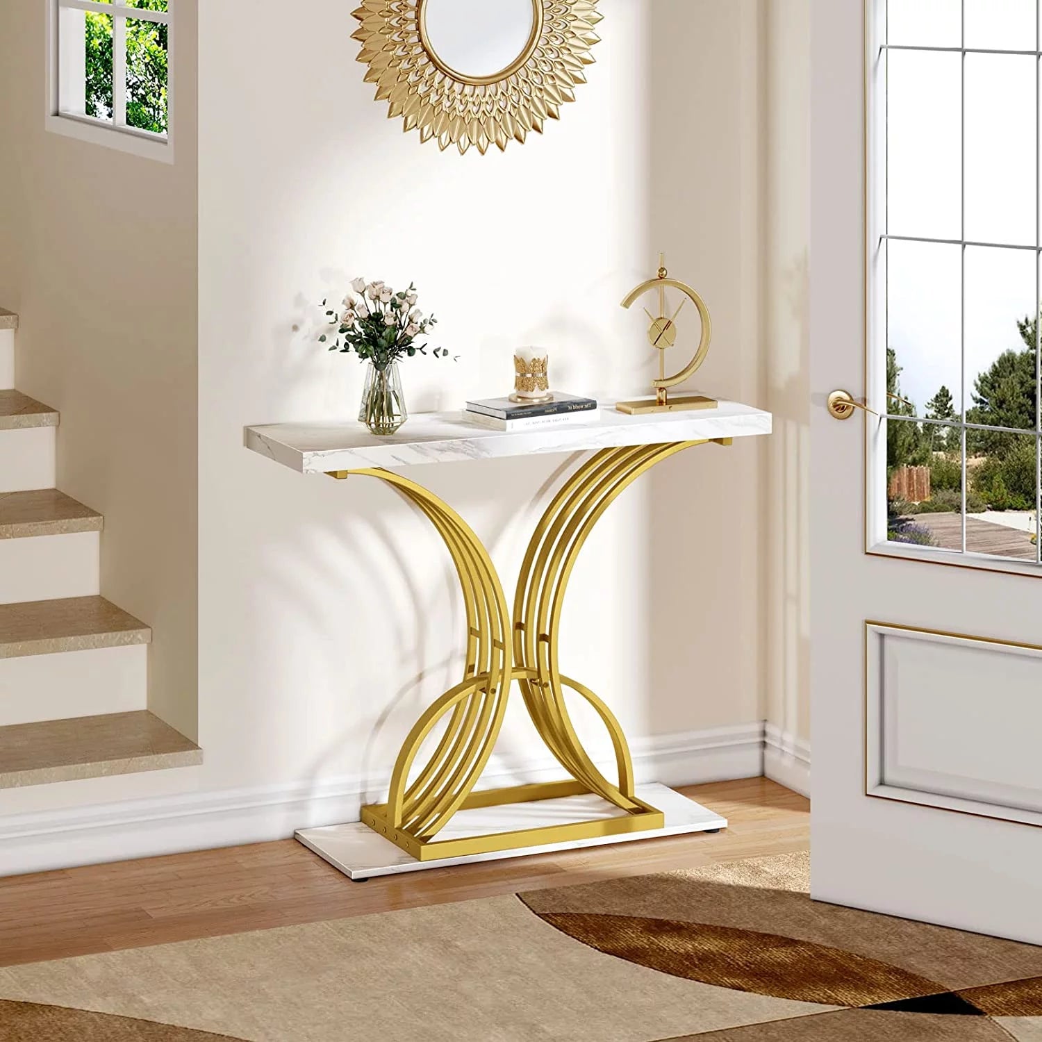 39" Console End Table with Faux Marble Top, Side Table for Living Room, Entryway, Gold