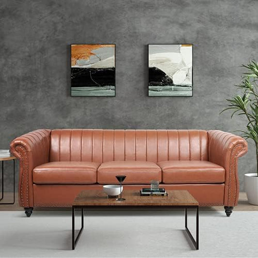 Chesterfield 3-Seater Sofa in PU Leather with Rolled Arms and Studded Accents, Featuring Rotating Solid Wood Legs - Bronze Finish