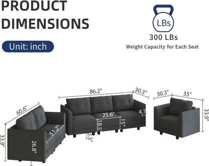 Llappuil 3 Piece Living Room Furniture Set, Modular Sectional Sofa Set with Storage, Velvet 6 Seat Convertible Sectional Sofa Couch for Living Room Dark Gray Lounge Modern