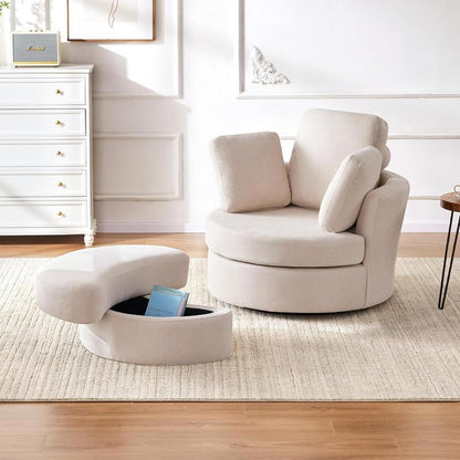 39" Swivel Accent Barrel Chairs with Removable Headrest, Chaise Lounge Indoor with Neck Support Pillow, Swivel Chairs for Living Room, Oversized Chair with Ottoman, Beige