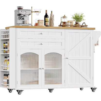 Kitchen Island with Storage, Rolling Kitchen Island on Wheels with Wood Drop Leaf Countertop, Island Table Bar Cart with Spice
