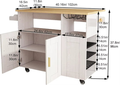 Rolling Mobile Kitchen Island Cart Bar with Desktop Drop Leaf Countertop, Island Table Storage with 5 Wheels, Kitchen Cabinet