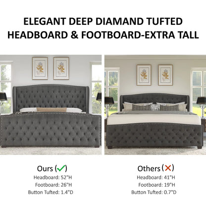 King Size Bed Frame, Velvet Upholstered Bed with Deep Button Tufted Wingback Headboard，Grey