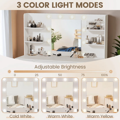 Makeup Vanity Table with Lighted Mirror, Power Outlet, 7 Drawers and 6 Storage Shelves, White Bedroom Vanity Desk