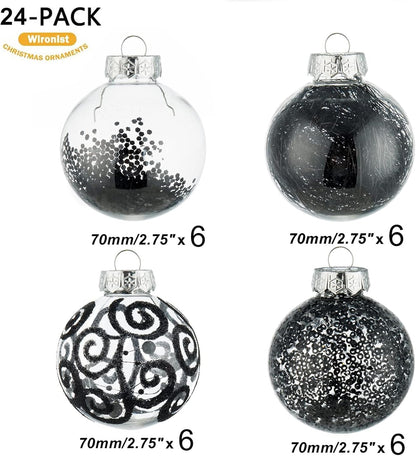 Shatterproof Clear Plastic Christmas Ball Ornaments Set with Stuffed Decorative Baubles (70mm / 2.76", Black)