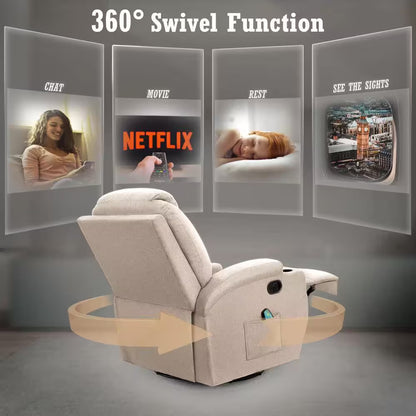 Ultimate Comfort: Big & Tall Beige Linen Recliner Chair with Swivel, Rocking and Power Massage Function