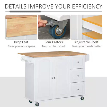 White Rolling Kitchen Island Cart – Mobile Storage Cabinet with 3 Drawers, Adjustable Shelf, Spice Rack & Towel Bar