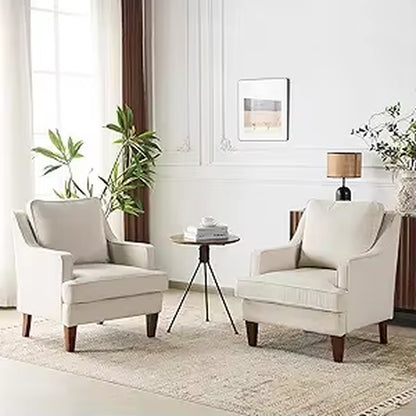 Mid-Century Modern Accent Chairs Set of 2, Beige Upholstered Armchair Comfy Sofa Chairs Reading Chair High Back for Living Room
