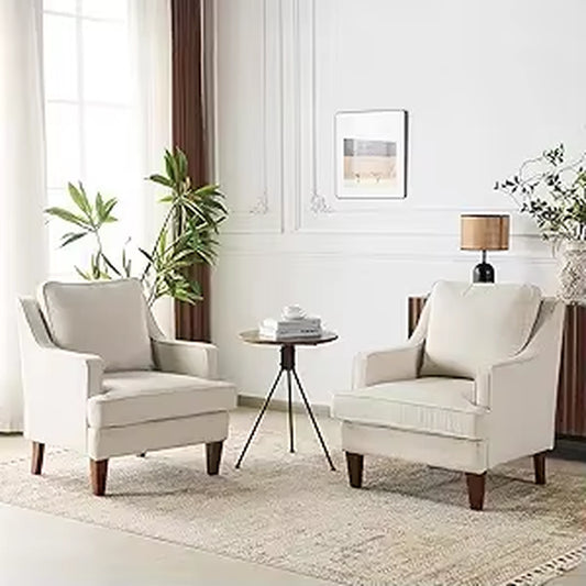 Mid-Century Modern Accent Chairs Set of 2, Beige Upholstered Armchair Comfy Sofa Chairs Reading Chair High Back for Living Room